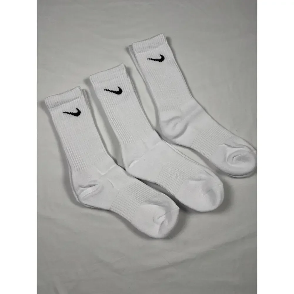 Nike Dri-FIT Crew Socks White Black Swoosh‎ Cushioned Performance Lot of 3 OSFM